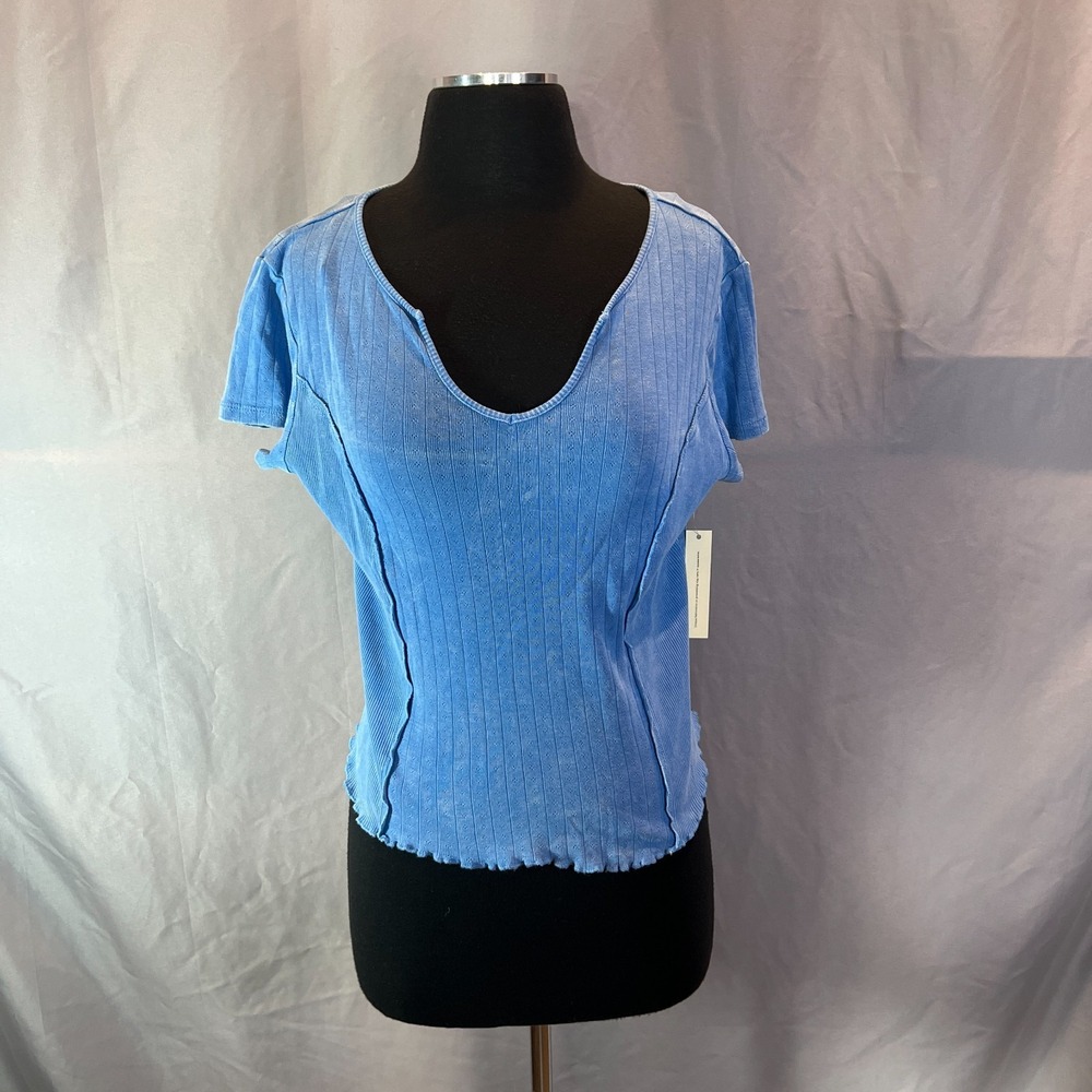 Rewind Pointelle Baby Tee Womens XL Blue Cotton Stretch Jacquard Knit Split Neck